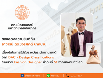 คณะมัณฑนศิลป์ ขอแสดงความยินดีกับ อาจารย์ ดร.ขจรศักต์ นาคปาน  เนื่องในโอกาสได้รับการจัดอันดับนักออกแบบ จาก DAC – Design Classifications  ในหมวด Fashion Designer  อันดับที่ 51 จากผลงานนักออกแบบทั่วโลก